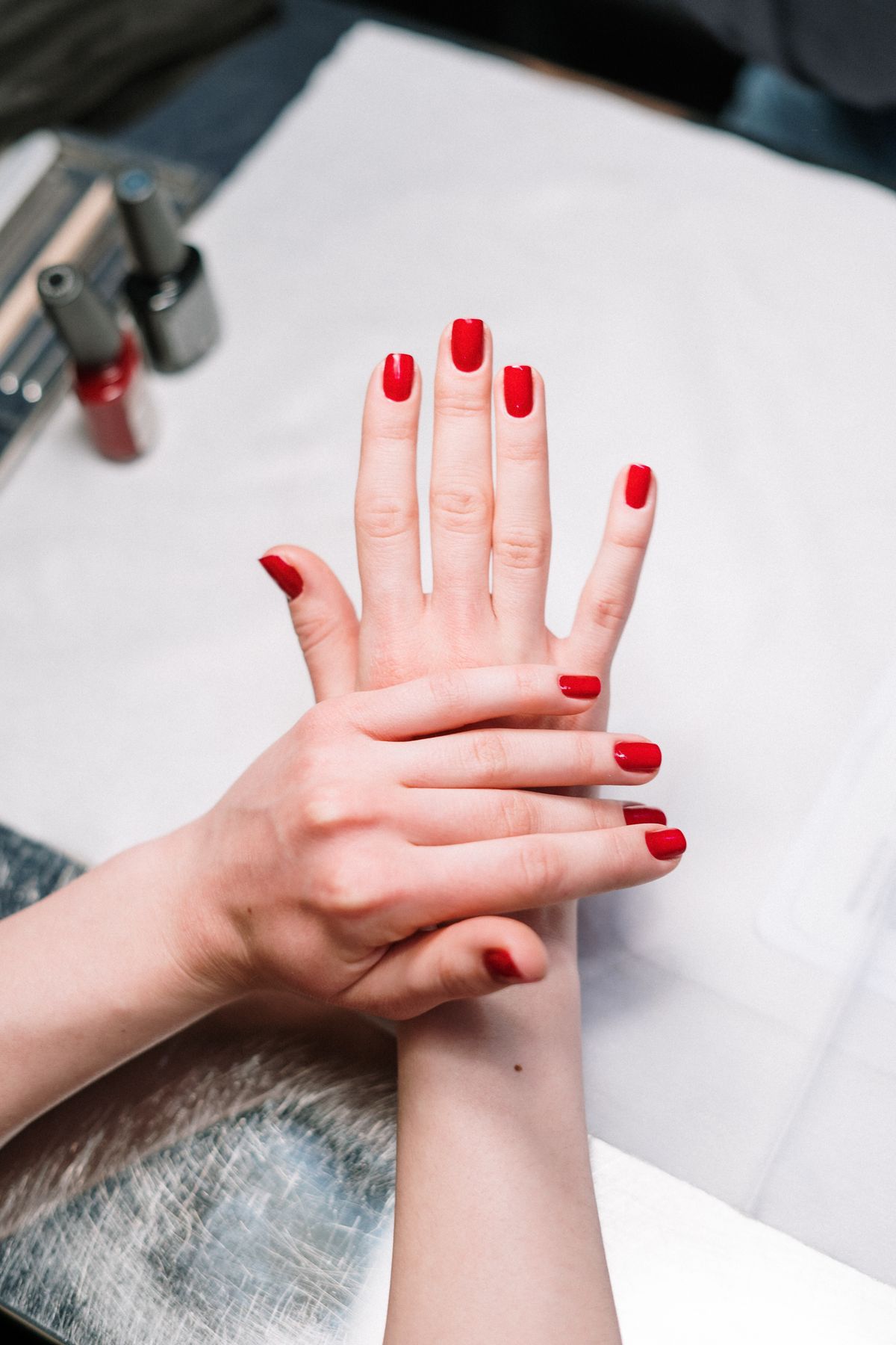 Finished red manicure set at Eastside Nails, East Nashville